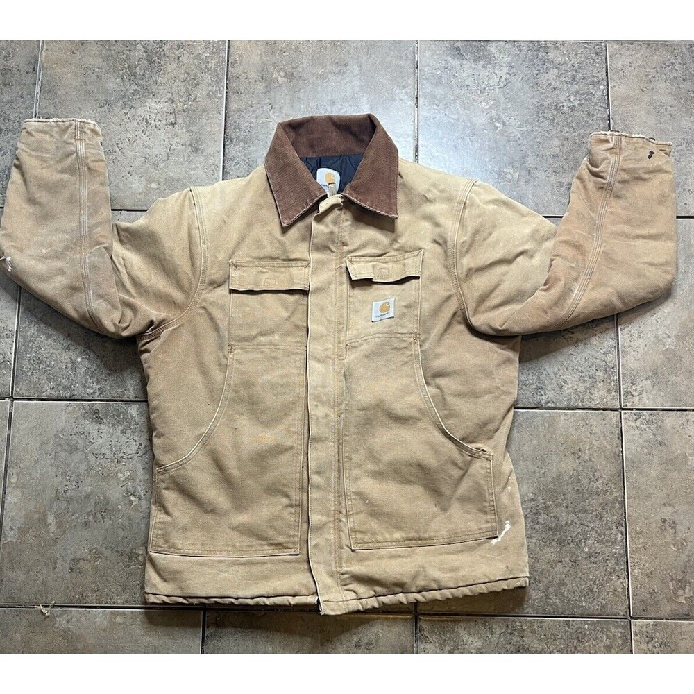 VTG Carhartt Jacket Tan Quilt Lined Barn USA Distressed Corduroy Collar READ